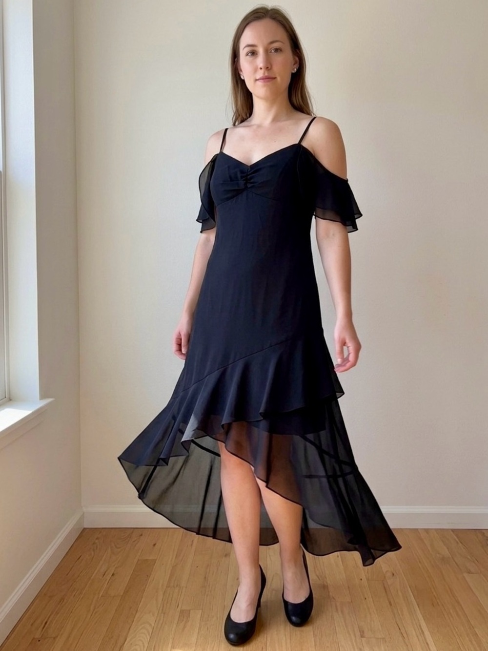 R&M Richards Black Chiffon Flutter Sleeve High Low Ruffle Dress Size 8 NWT